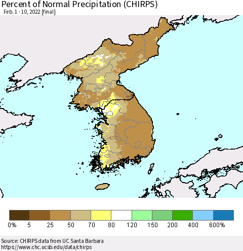 Korea Percent of Normal Precipitation (CHIRPS) Thematic Map For 2/1/2022 - 2/10/2022
