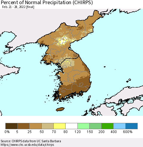 Korea Percent of Normal Precipitation (CHIRPS) Thematic Map For 2/21/2022 - 2/28/2022