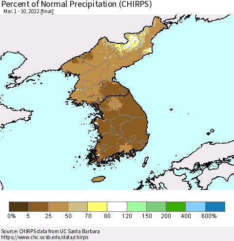 Korea Percent of Normal Precipitation (CHIRPS) Thematic Map For 3/1/2022 - 3/10/2022