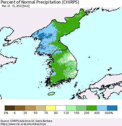 Korea Percent of Normal Precipitation (CHIRPS) Thematic Map For 3/21/2022 - 3/31/2022
