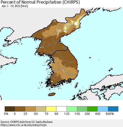 Korea Percent of Normal Precipitation (CHIRPS) Thematic Map For 4/1/2022 - 4/10/2022