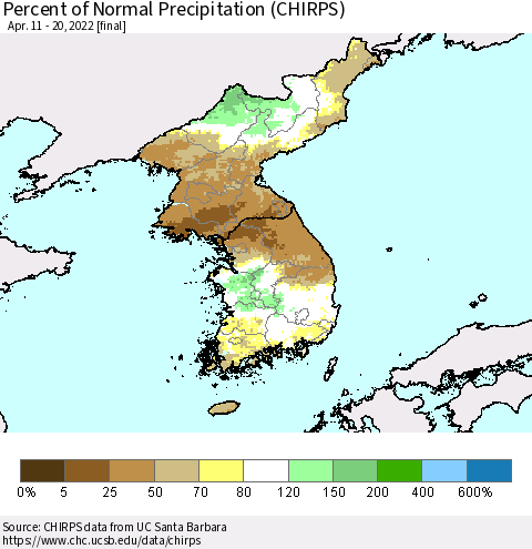 Korea Percent of Normal Precipitation (CHIRPS) Thematic Map For 4/11/2022 - 4/20/2022