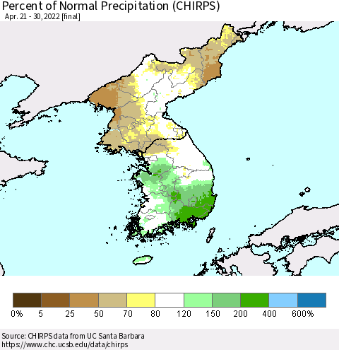 Korea Percent of Normal Precipitation (CHIRPS) Thematic Map For 4/21/2022 - 4/30/2022