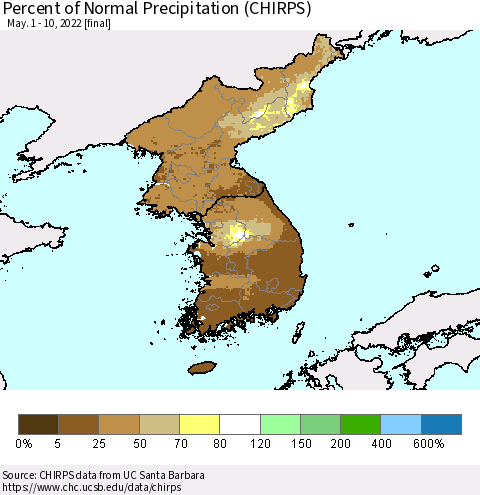 Korea Percent of Normal Precipitation (CHIRPS) Thematic Map For 5/1/2022 - 5/10/2022