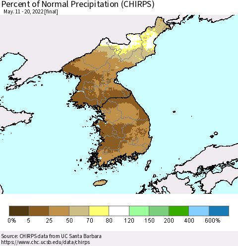 Korea Percent of Normal Precipitation (CHIRPS) Thematic Map For 5/11/2022 - 5/20/2022