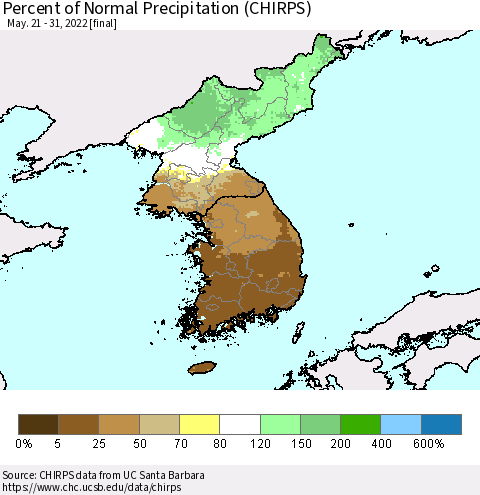 Korea Percent of Normal Precipitation (CHIRPS) Thematic Map For 5/21/2022 - 5/31/2022
