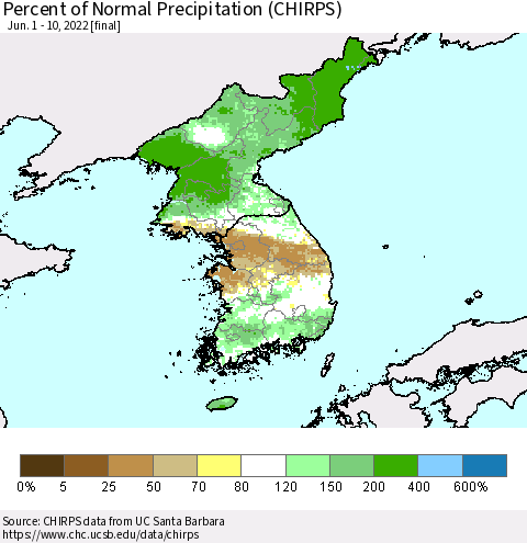 Korea Percent of Normal Precipitation (CHIRPS) Thematic Map For 6/1/2022 - 6/10/2022
