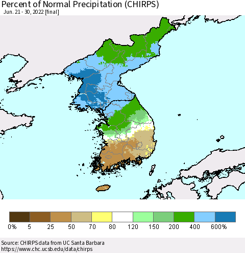 Korea Percent of Normal Precipitation (CHIRPS) Thematic Map For 6/21/2022 - 6/30/2022