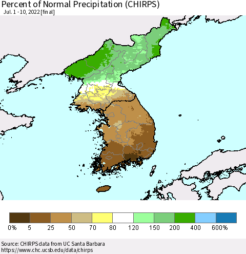 Korea Percent of Normal Precipitation (CHIRPS) Thematic Map For 7/1/2022 - 7/10/2022