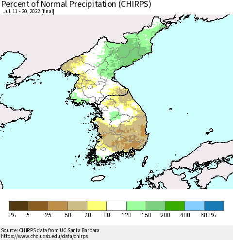 Korea Percent of Normal Precipitation (CHIRPS) Thematic Map For 7/11/2022 - 7/20/2022