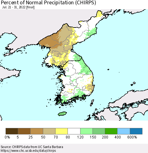Korea Percent of Normal Precipitation (CHIRPS) Thematic Map For 7/21/2022 - 7/31/2022