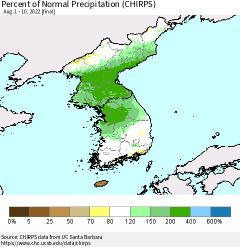 Korea Percent of Normal Precipitation (CHIRPS) Thematic Map For 8/1/2022 - 8/10/2022