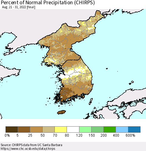 Korea Percent of Normal Precipitation (CHIRPS) Thematic Map For 8/21/2022 - 8/31/2022