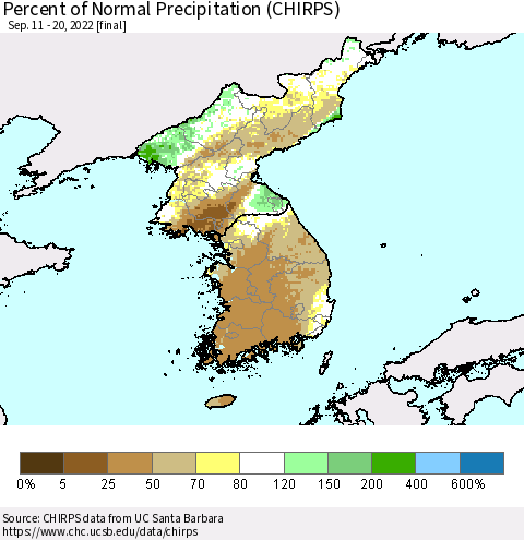 Korea Percent of Normal Precipitation (CHIRPS) Thematic Map For 9/11/2022 - 9/20/2022