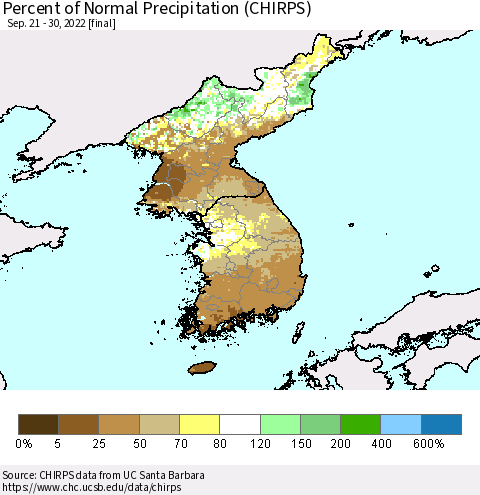 Korea Percent of Normal Precipitation (CHIRPS) Thematic Map For 9/21/2022 - 9/30/2022