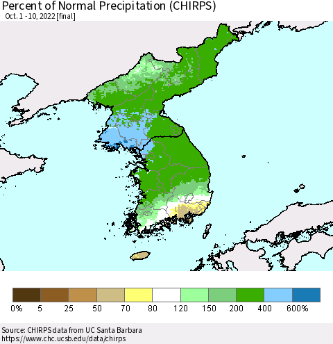 Korea Percent of Normal Precipitation (CHIRPS) Thematic Map For 10/1/2022 - 10/10/2022