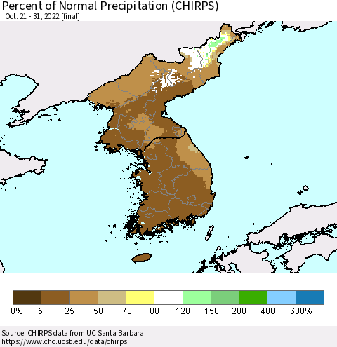 Korea Percent of Normal Precipitation (CHIRPS) Thematic Map For 10/21/2022 - 10/31/2022