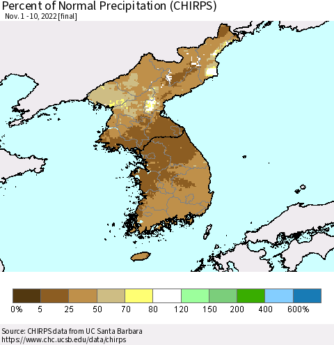 Korea Percent of Normal Precipitation (CHIRPS) Thematic Map For 11/1/2022 - 11/10/2022