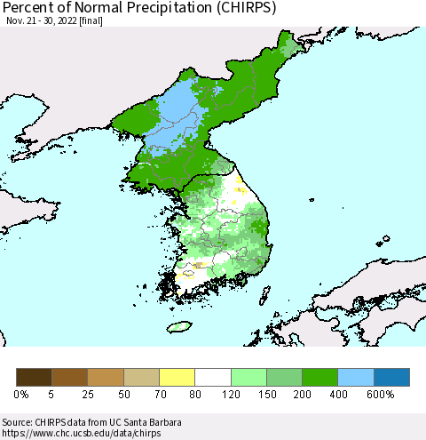 Korea Percent of Normal Precipitation (CHIRPS) Thematic Map For 11/21/2022 - 11/30/2022