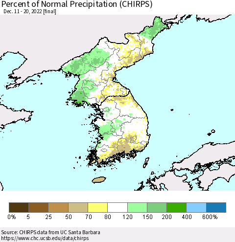 Korea Percent of Normal Precipitation (CHIRPS) Thematic Map For 12/11/2022 - 12/20/2022