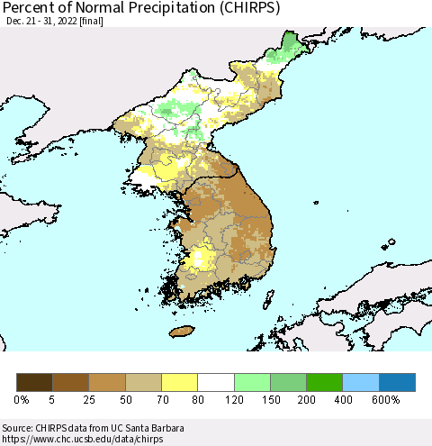 Korea Percent of Normal Precipitation (CHIRPS) Thematic Map For 12/21/2022 - 12/31/2022