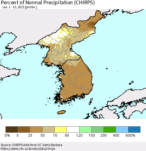 Korea Percent of Normal Precipitation (CHIRPS) Thematic Map For 1/1/2023 - 1/10/2023