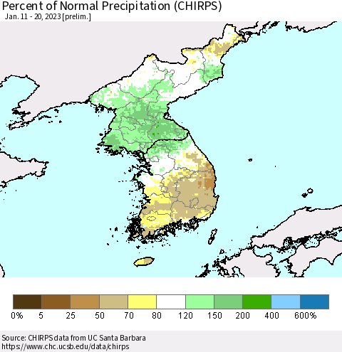 Korea Percent of Normal Precipitation (CHIRPS) Thematic Map For 1/11/2023 - 1/20/2023