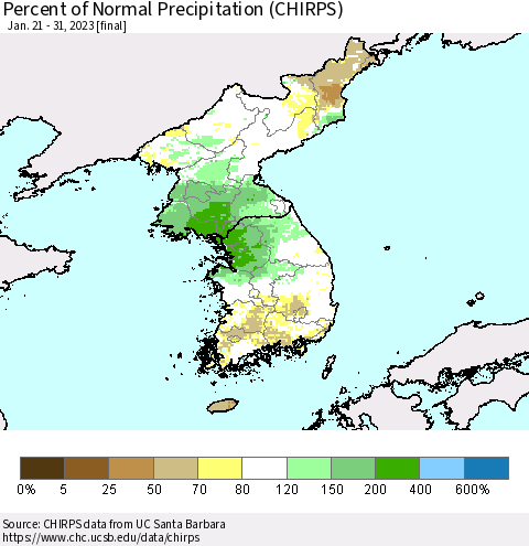Korea Percent of Normal Precipitation (CHIRPS) Thematic Map For 1/21/2023 - 1/31/2023