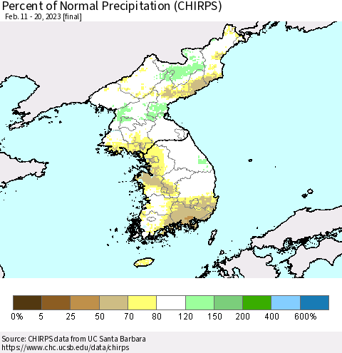 Korea Percent of Normal Precipitation (CHIRPS) Thematic Map For 2/11/2023 - 2/20/2023