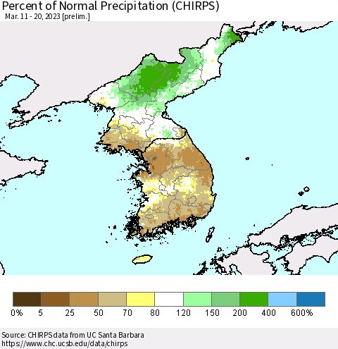 Korea Percent of Normal Precipitation (CHIRPS) Thematic Map For 3/11/2023 - 3/20/2023
