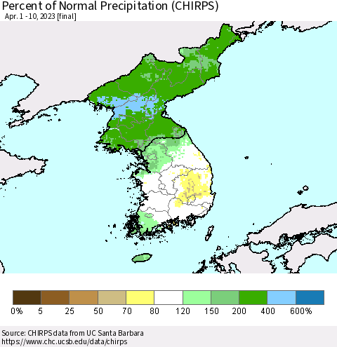 Korea Percent of Normal Precipitation (CHIRPS) Thematic Map For 4/1/2023 - 4/10/2023