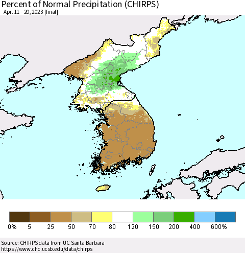 Korea Percent of Normal Precipitation (CHIRPS) Thematic Map For 4/11/2023 - 4/20/2023