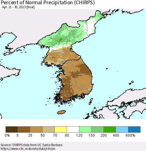 Korea Percent of Normal Precipitation (CHIRPS) Thematic Map For 4/21/2023 - 4/30/2023