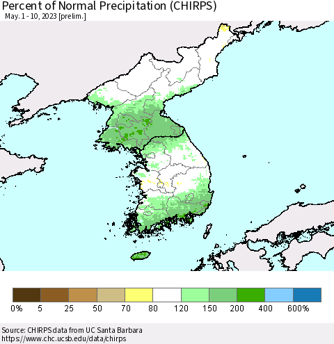 Korea Percent of Normal Precipitation (CHIRPS) Thematic Map For 5/1/2023 - 5/10/2023