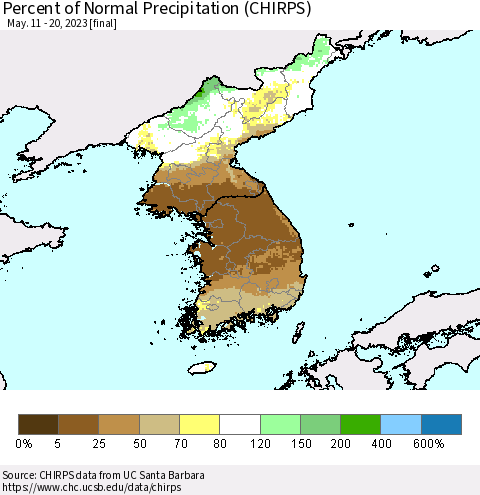 Korea Percent of Normal Precipitation (CHIRPS) Thematic Map For 5/11/2023 - 5/20/2023