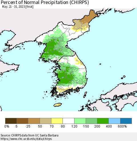 Korea Percent of Normal Precipitation (CHIRPS) Thematic Map For 5/21/2023 - 5/31/2023