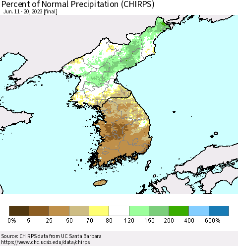 Korea Percent of Normal Precipitation (CHIRPS) Thematic Map For 6/11/2023 - 6/20/2023