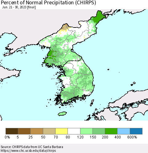 Korea Percent of Normal Precipitation (CHIRPS) Thematic Map For 6/21/2023 - 6/30/2023
