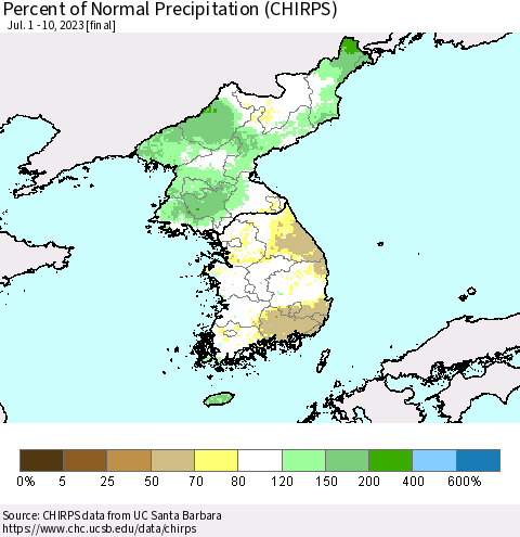 Korea Percent of Normal Precipitation (CHIRPS) Thematic Map For 7/1/2023 - 7/10/2023