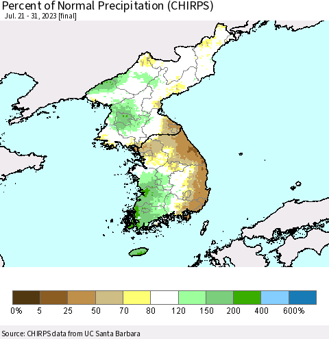 Korea Percent of Normal Precipitation (CHIRPS) Thematic Map For 7/21/2023 - 7/31/2023