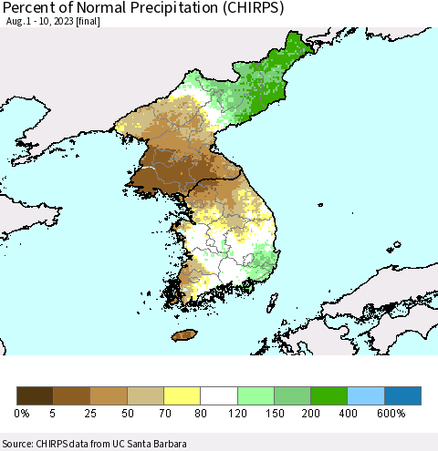 Korea Percent of Normal Precipitation (CHIRPS) Thematic Map For 8/1/2023 - 8/10/2023