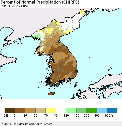 Korea Percent of Normal Precipitation (CHIRPS) Thematic Map For 8/11/2023 - 8/20/2023