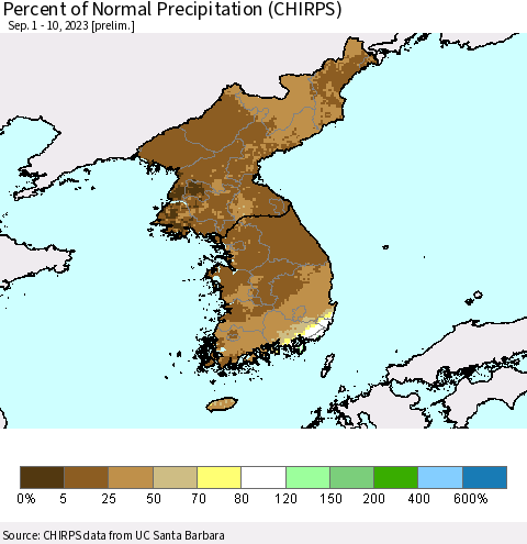 Korea Percent of Normal Precipitation (CHIRPS) Thematic Map For 9/1/2023 - 9/10/2023