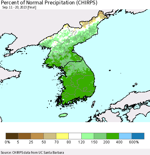 Korea Percent of Normal Precipitation (CHIRPS) Thematic Map For 9/11/2023 - 9/20/2023