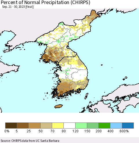 Korea Percent of Normal Precipitation (CHIRPS) Thematic Map For 9/21/2023 - 9/30/2023