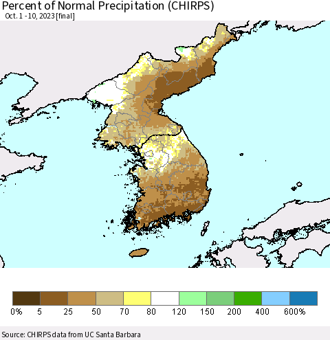 Korea Percent of Normal Precipitation (CHIRPS) Thematic Map For 10/1/2023 - 10/10/2023