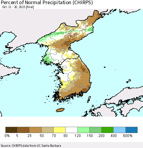 Korea Percent of Normal Precipitation (CHIRPS) Thematic Map For 10/11/2023 - 10/20/2023