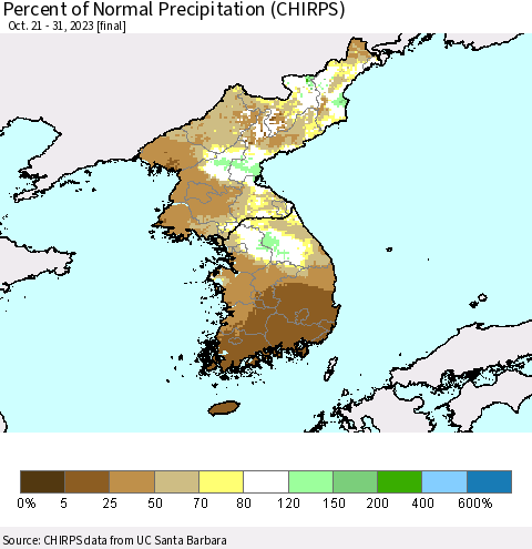 Korea Percent of Normal Precipitation (CHIRPS) Thematic Map For 10/21/2023 - 10/31/2023