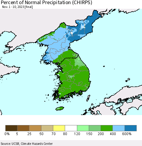 Korea Percent of Normal Precipitation (CHIRPS) Thematic Map For 11/1/2023 - 11/10/2023