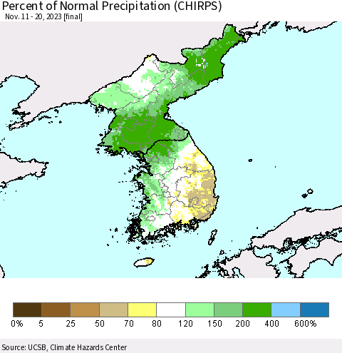 Korea Percent of Normal Precipitation (CHIRPS) Thematic Map For 11/11/2023 - 11/20/2023
